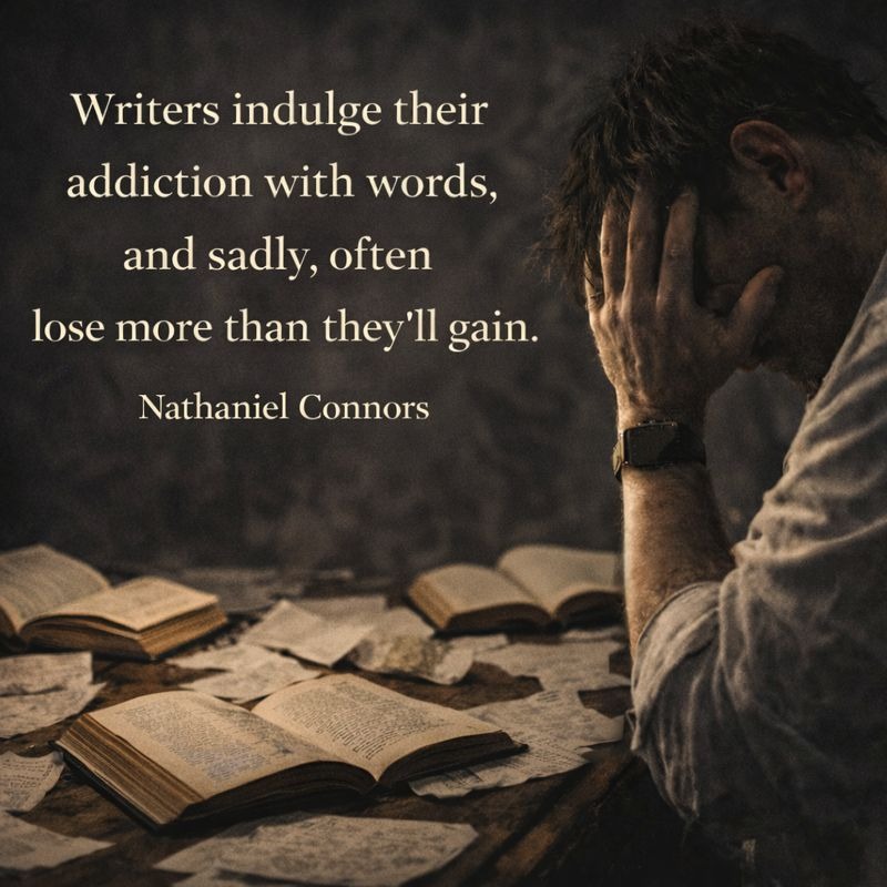 tired writer holding his head at a desk filled with open books and scattered manuscript pages, symbolizing writer addiction and the emotional toll of writing, quote by Nathaniel Connors