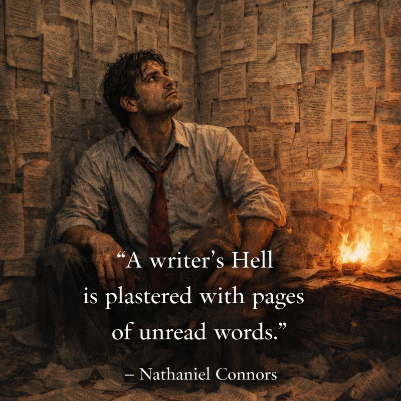 exhausted writer sitting in a room covered with scattered manuscript pages, small fire burning beside him, symbolizing the burden of writing and unread words, quote by Nathaniel Connors