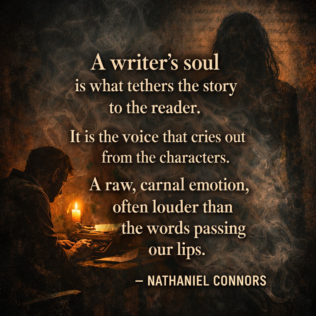 writer typing at a typewriter by candlelight with shadowy figure behind, representing the writer’s soul and emotional connection to storytelling, quote by Nathaniel Connors