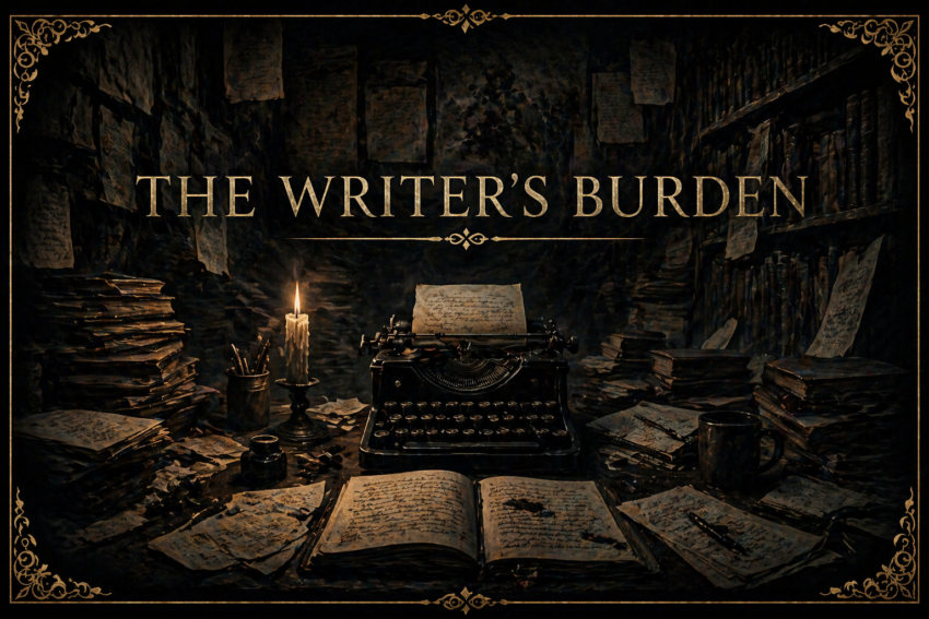 dark writer’s study filled with books, scattered pages, vintage typewriter and candlelight, representing the writer’s burden, header image by Nathaniel Connors