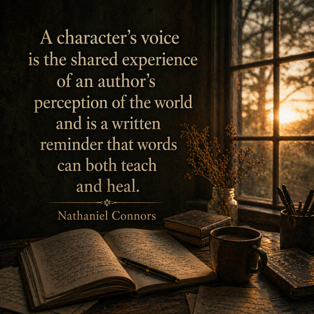 quote about a character’s voice reflecting the author’s perception of the world and the power of words to teach and heal, by Nathaniel Connors