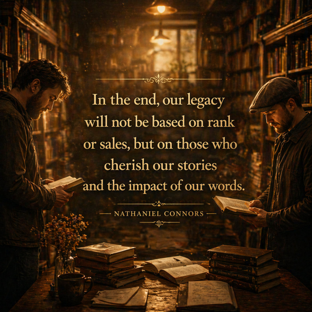 warm library scene with two readers surrounded by books and soft golden light, symbolizing the lasting impact of stories and words, quote by Nathaniel Connors