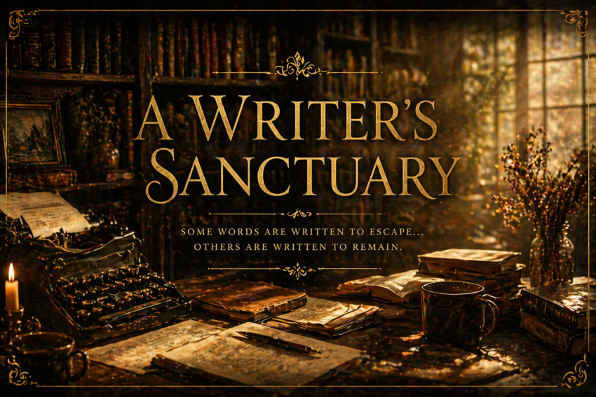 cinematic writer’s workspace filled with books, scattered pages and a vintage typewriter, lit by warm sunlight and candlelight, symbolizing a writer’s sanctuary and the quiet healing nature of storytelling
