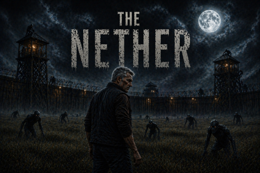 The Nether book banner featuring Ethan Carson standing in a moonlit field as Nethers surround him, with a fortified compound and guard towers in the background.