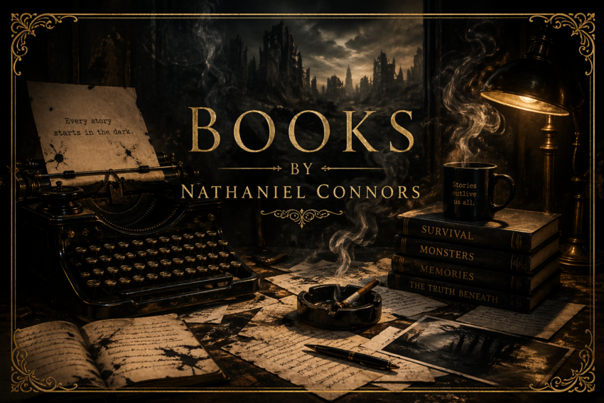 Cinematic author book header featuring a vintage typewriter, scattered pages, and smoke in a dark gold-trimmed setting for Books by Nathaniel Connors.