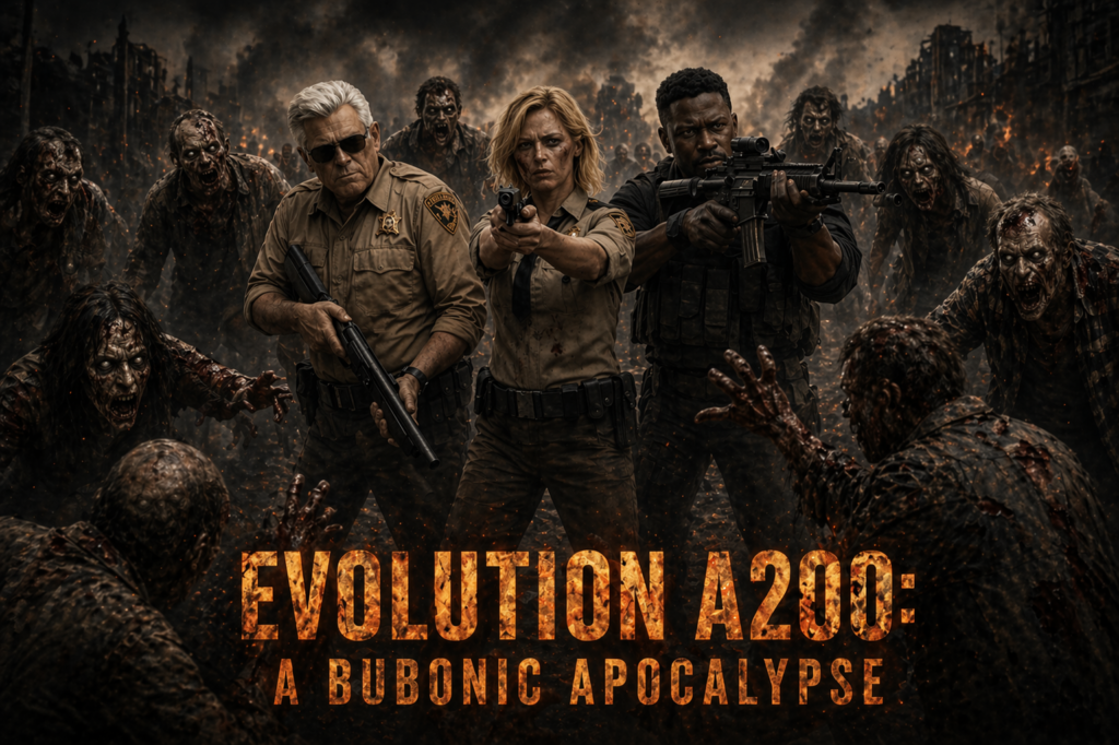 Armed survivors defend against a surrounding horde of zombies in a fiery apocalyptic city, with the title “Evolution A200: A Bubonic Apocalypse” at the bottom.