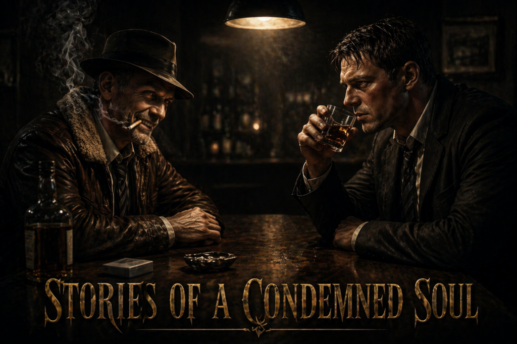 Two men sit across from each other in a dimly lit bar, one smirking with a cigarette while the other drinks whiskey, surrounded by smoke and shadow, with the title “Stories of a Condemned Soul” displayed at the bottom.