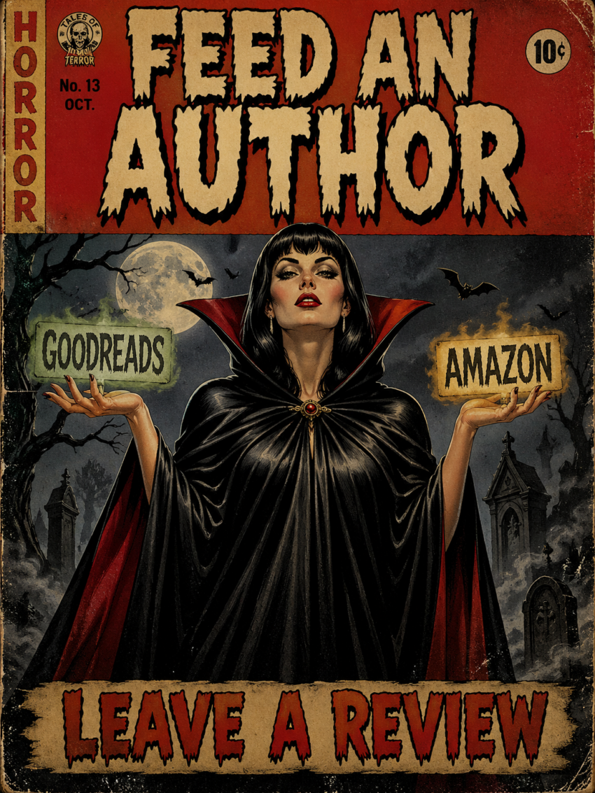 Vintage horror comic-style poster titled “Feed an Author” featuring a gothic vampire queen in a flowing black-and-red cloak standing in a moonlit graveyard, holding glowing signs labeled “Goodreads” and “Amazon” in each hand. Bats circle overhead beneath a full moon, with eerie tombstones and mist in the background. Bold distressed lettering at the bottom reads “Leave a Review,” styled like a classic 1950s pulp horror comic cover.
