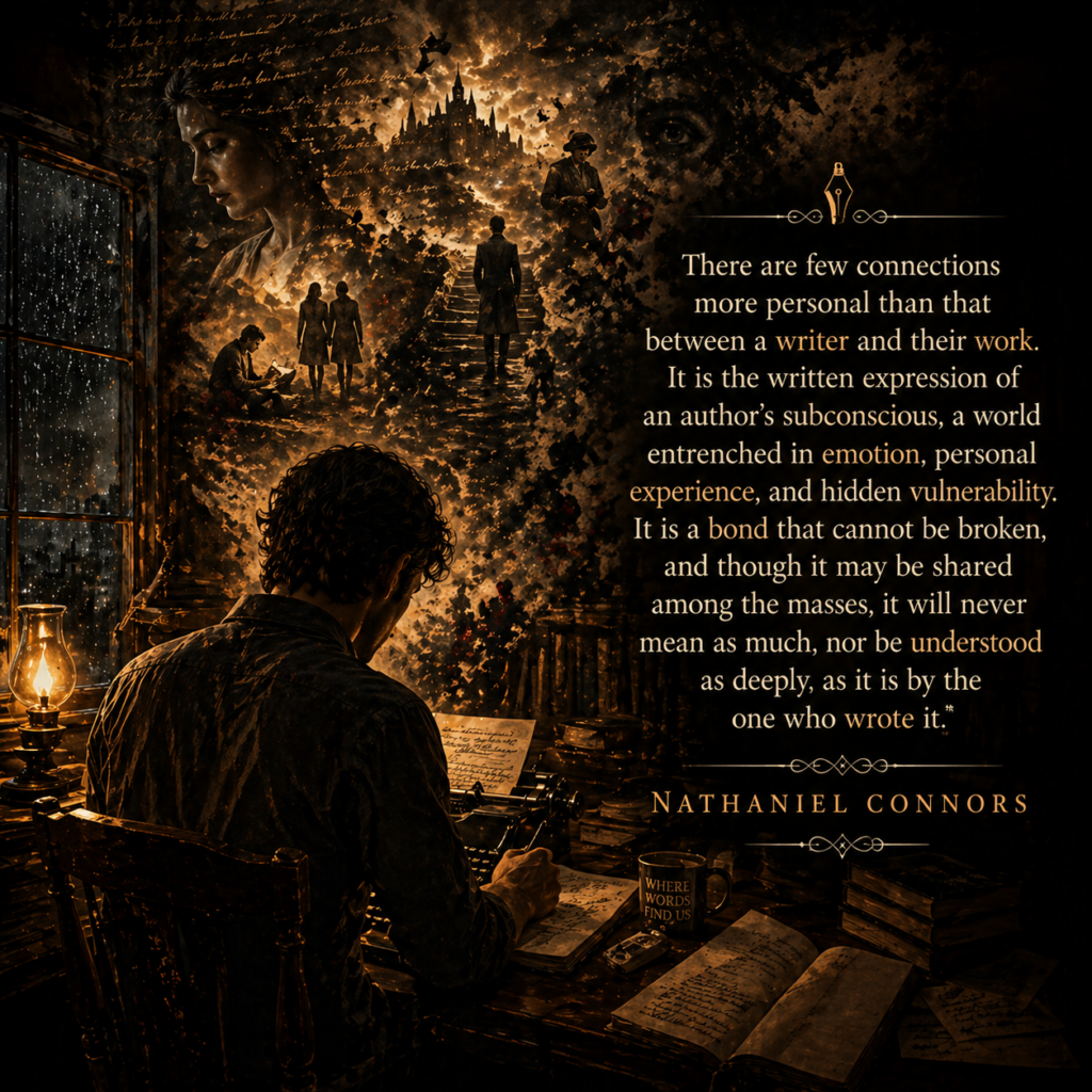 Moody literary artwork showing a writer seated at a desk by lamplight on a stormy night, typing as pages, memories, and imagined worlds rise around him in swirling golden-black fragments. The scene blends emotional portraits, shadowy figures, handwritten thoughts, and distant gothic architecture into a surreal visual representation of a writer’s subconscious. Beside him is a quote by Nathaniel Connors about the deeply personal bond between a writer and their work, emphasizing emotion, vulnerability, and creative expression.