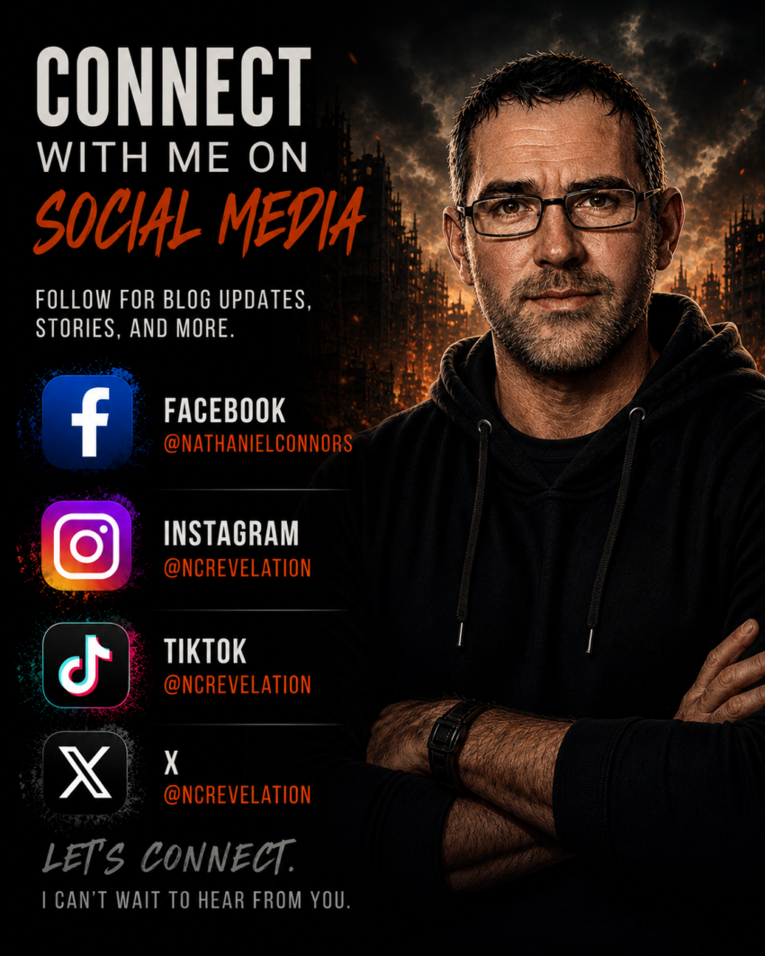 Promotional social media banner featuring author Nathaniel Connors in a black hoodie against a dark dystopian city backdrop with fiery orange lighting. Bold text reads “Connect With Me On Social Media,” alongside Facebook, Instagram, and X icons with his handles: Facebook @NathanielConnors, Instagram @ncrevelation, and X @NCRevelation. The design has a cinematic horror-inspired aesthetic with dramatic contrast and post-apocalyptic atmosphere.