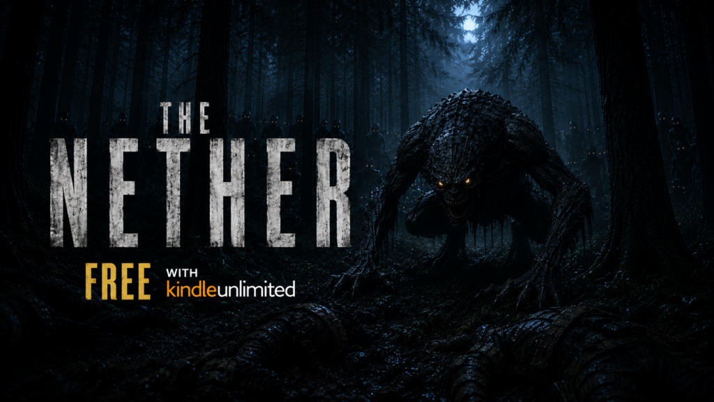 “Cinematic horror scene from The Nether by Nathaniel Connors featuring a massive shadowy Nether creature crouched in a dark forest at night. The monster has glowing eyes, razor teeth, and elongated limbs while smaller glowing-eyed figures stand among the trees behind it. Two dead bodies lie in the foreground beneath the title text ‘The Nether.’ Promotional text reads ‘FREE with Kindle Unlimited.’ Dark blue lighting, eerie fog, and a terrifying dystopian atmosphere dominate the image.”