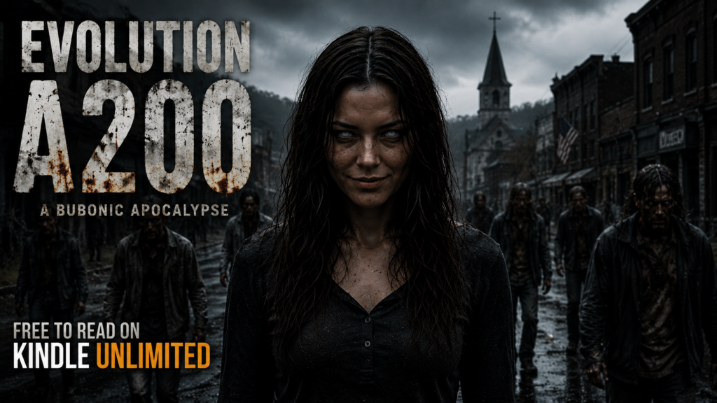 Dark, cinematic promotional image for Evolution A200: A Bubonic Apocalypse featuring a sinister woman with cloudy eyes standing in a ruined town street as infected figures emerge behind her beneath storm clouds. Text reads “FREE TO READ ON KINDLE UNLIMITED.”
