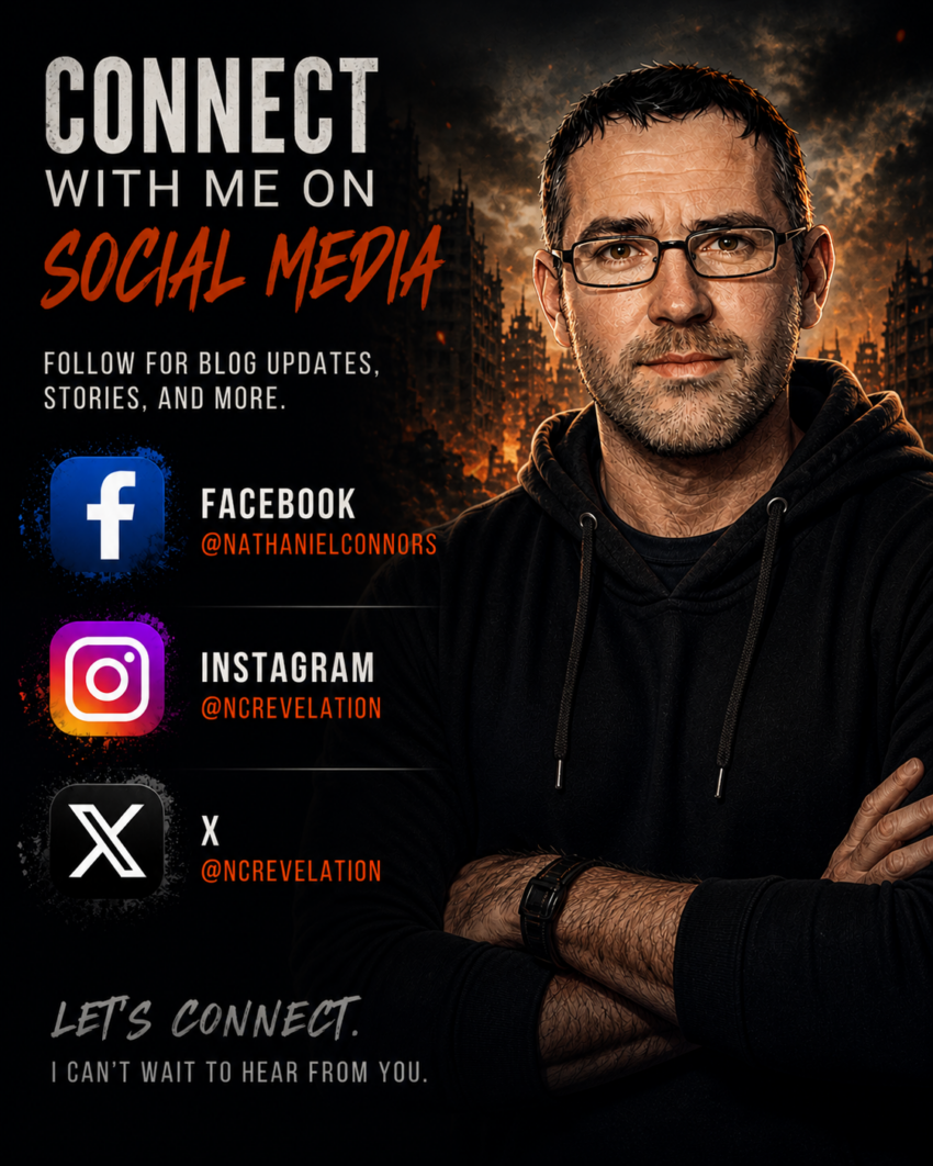 Promotional social media banner featuring author Nathaniel Connors in a black hoodie against a dark dystopian city backdrop with fiery orange lighting. Bold text reads “Connect With Me On Social Media,” alongside Facebook, Instagram, and X icons with his handles: Facebook @NathanielConnors, Instagram @ncrevelation, and X @NCRevelation. The design has a cinematic horror-inspired aesthetic with dramatic contrast and post-apocalyptic atmosphere.