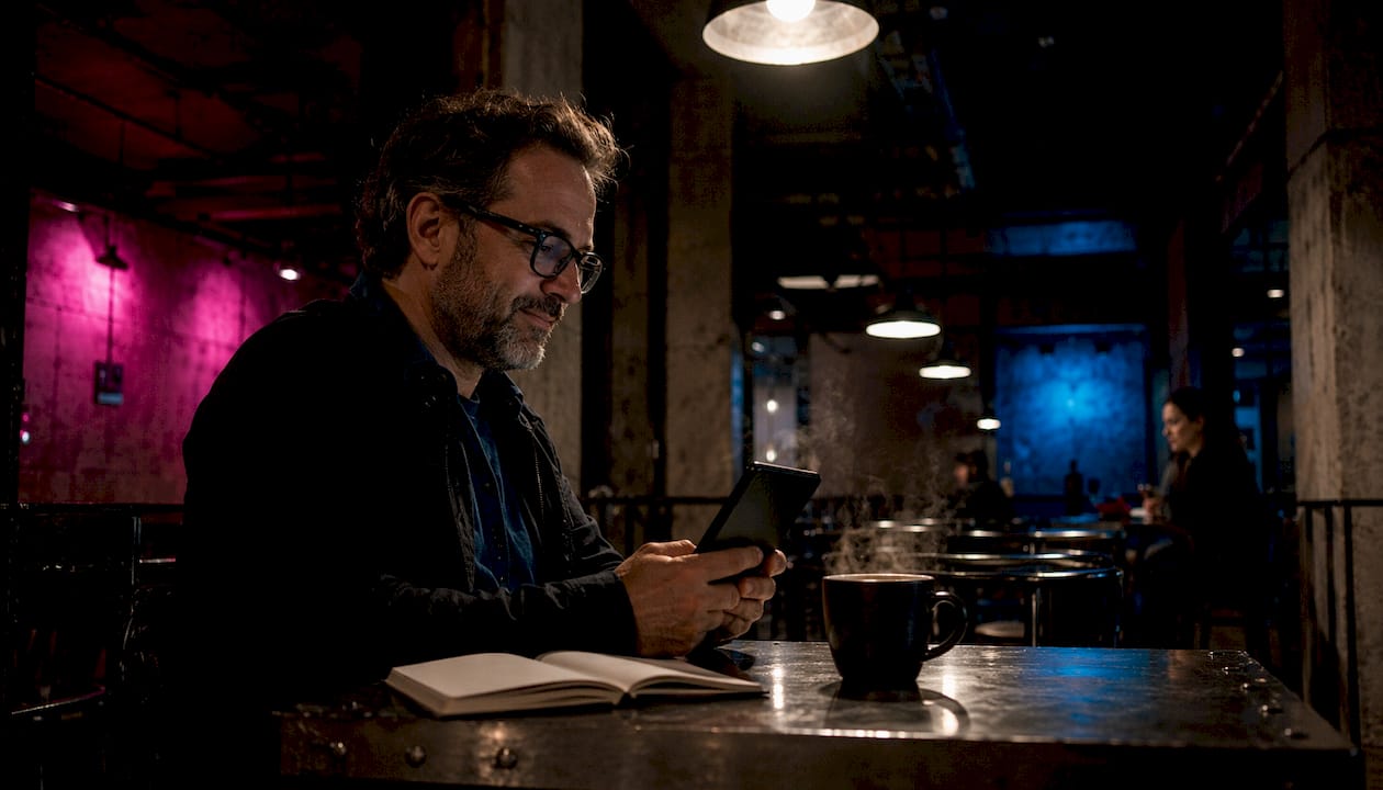 Man reading purchased ebook at desk