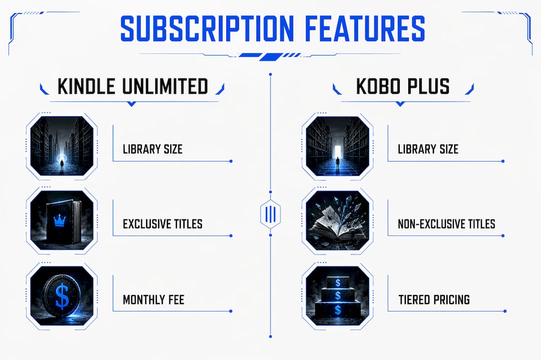 Infographic comparing Kindle Unlimited and Kobo Plus features