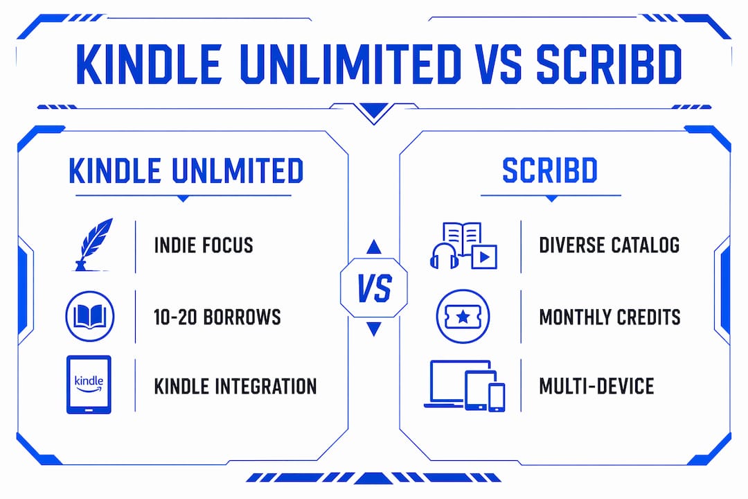 Comparison infographic of Kindle Unlimited and Scribd features