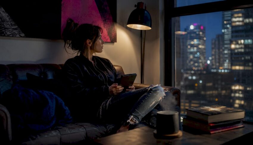 Woman reading Kindle thriller in cozy nook