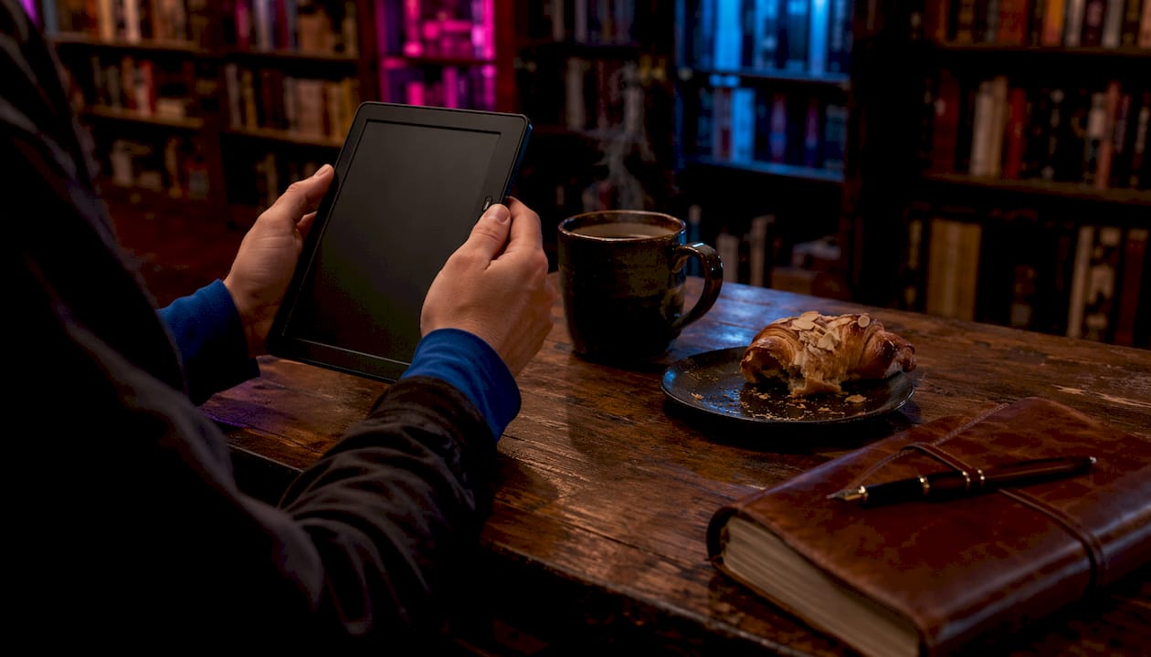 Hands holding Kindle at café browsing books