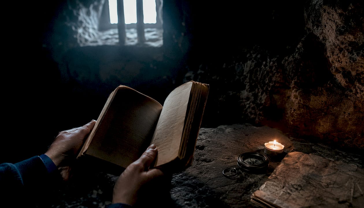 Hands holding book in dimly lit room