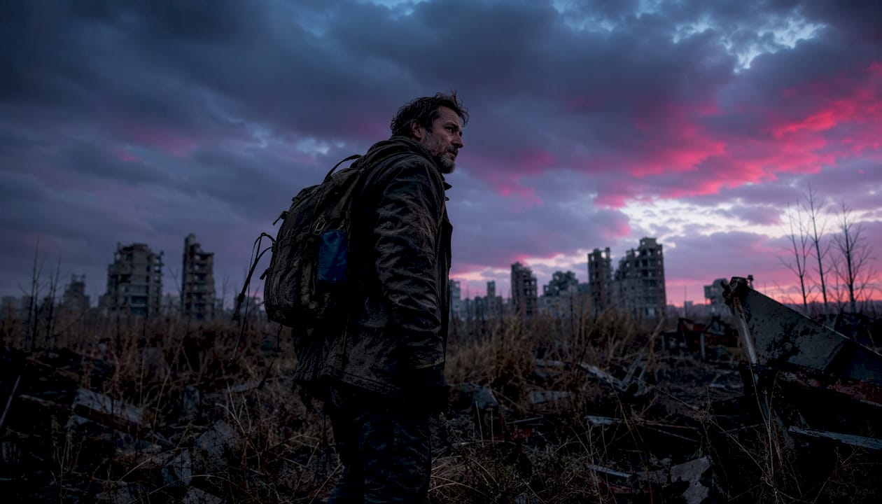 Man walking in barren post-apocalyptic forest