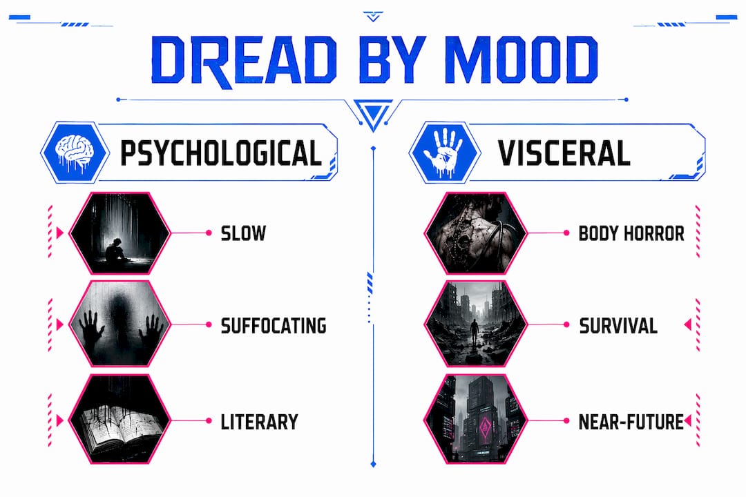 Infographic comparing psychological and visceral dystopian horror