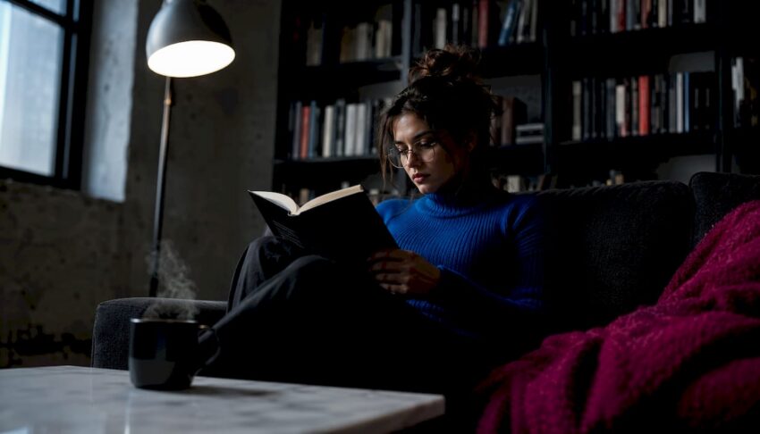 Woman reading thriller novel in cozy nook