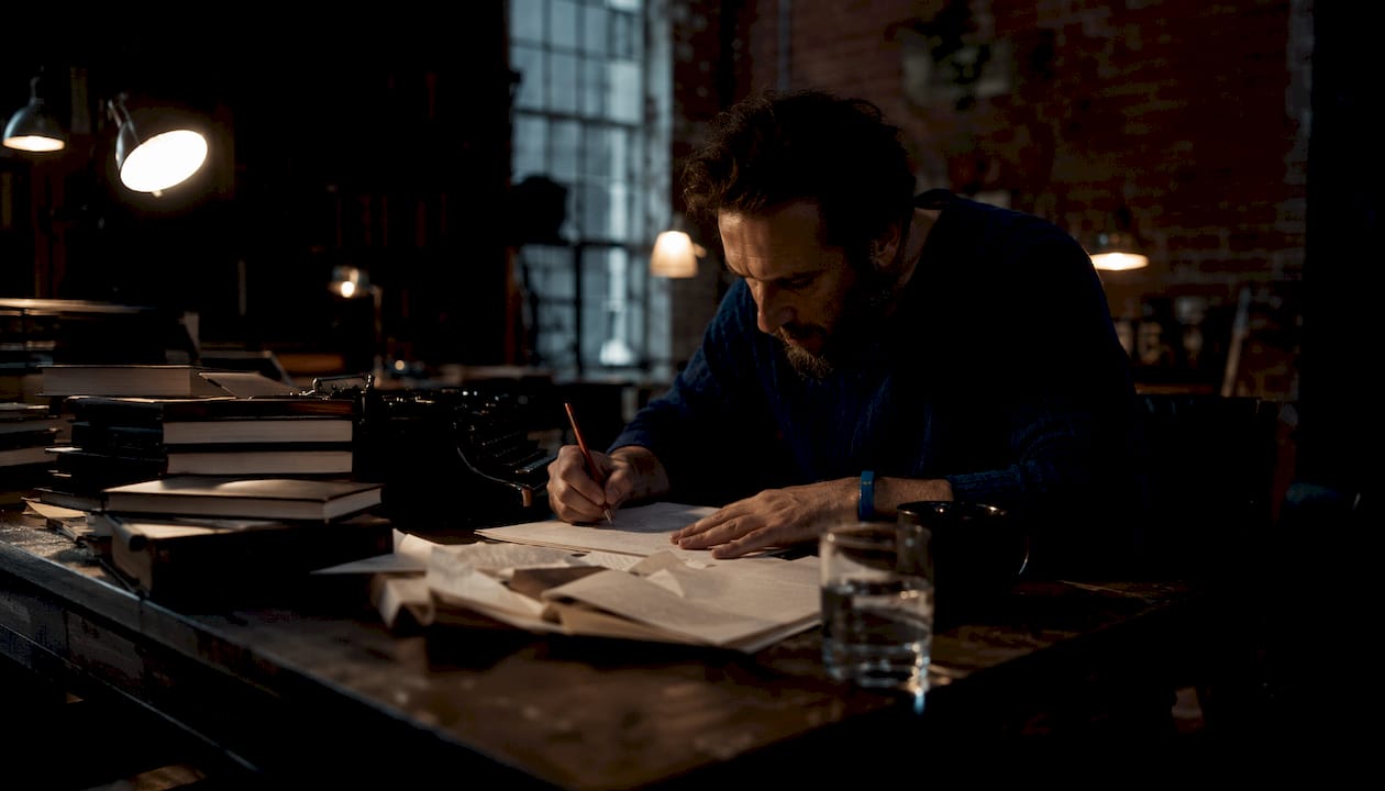 Man writing thriller manuscript notes at desk
