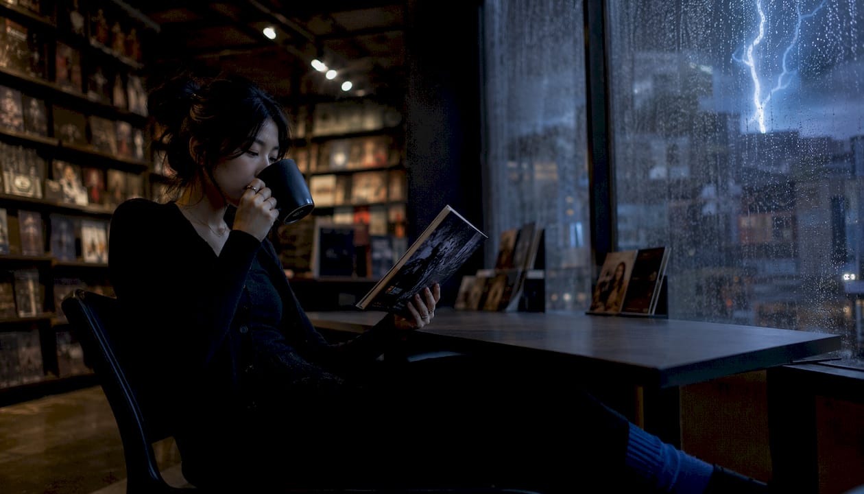 Woman reading ghost horror book in cafe