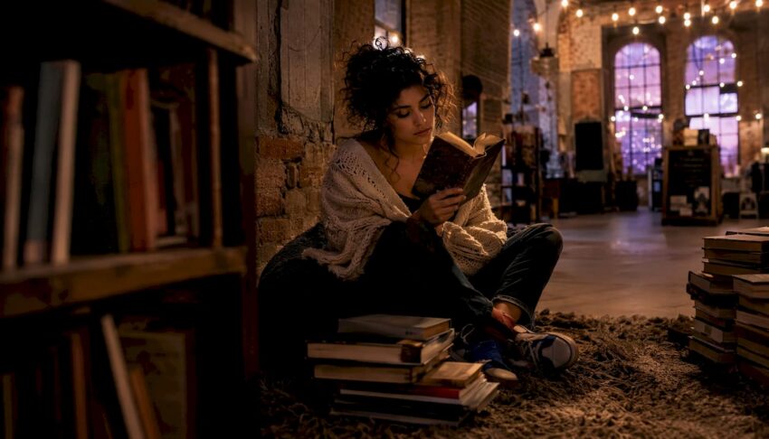Woman reading short dystopian novella in cozy apartment