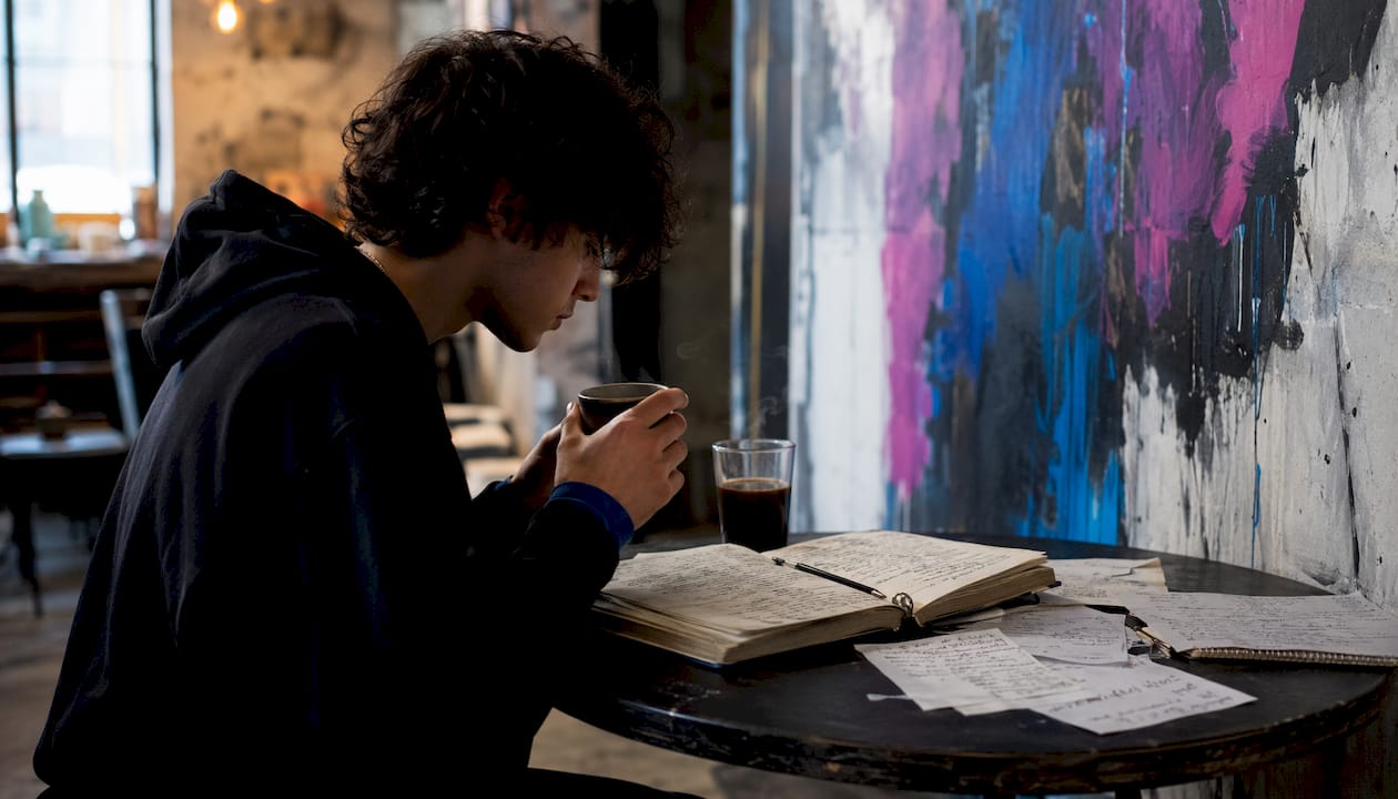 Overhead view of hands holding coffee next to dystopian notes