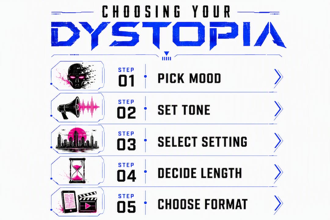 Infographic displaying steps to pick dystopian novella mood