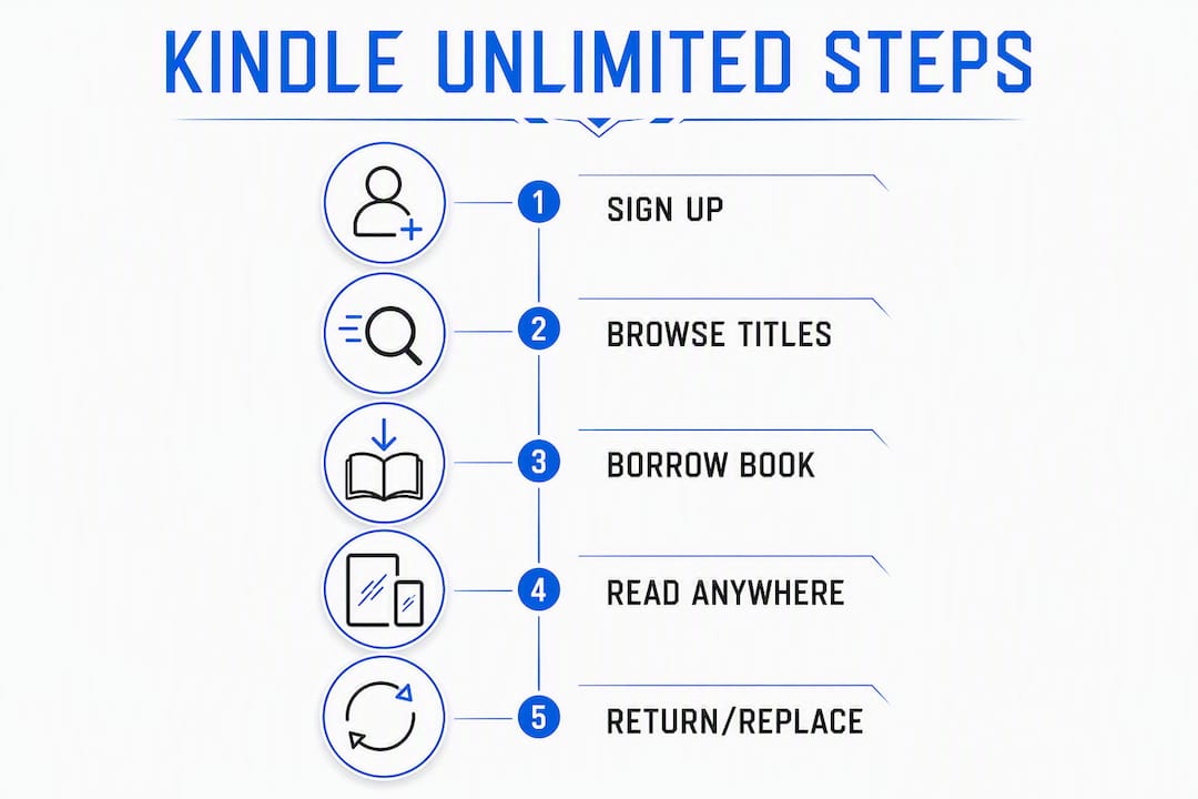 Infographic illustrating steps to use Kindle Unlimited