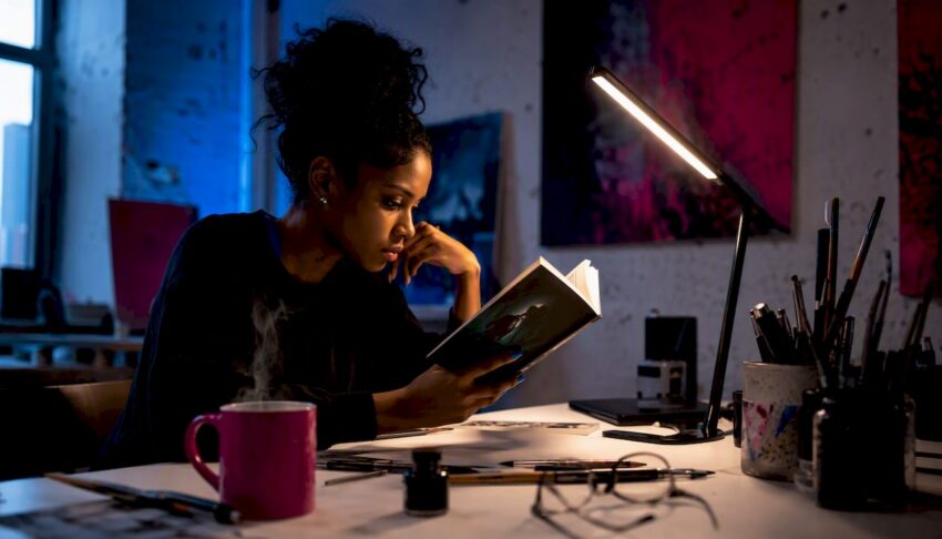 Woman reading science fiction horror book at home