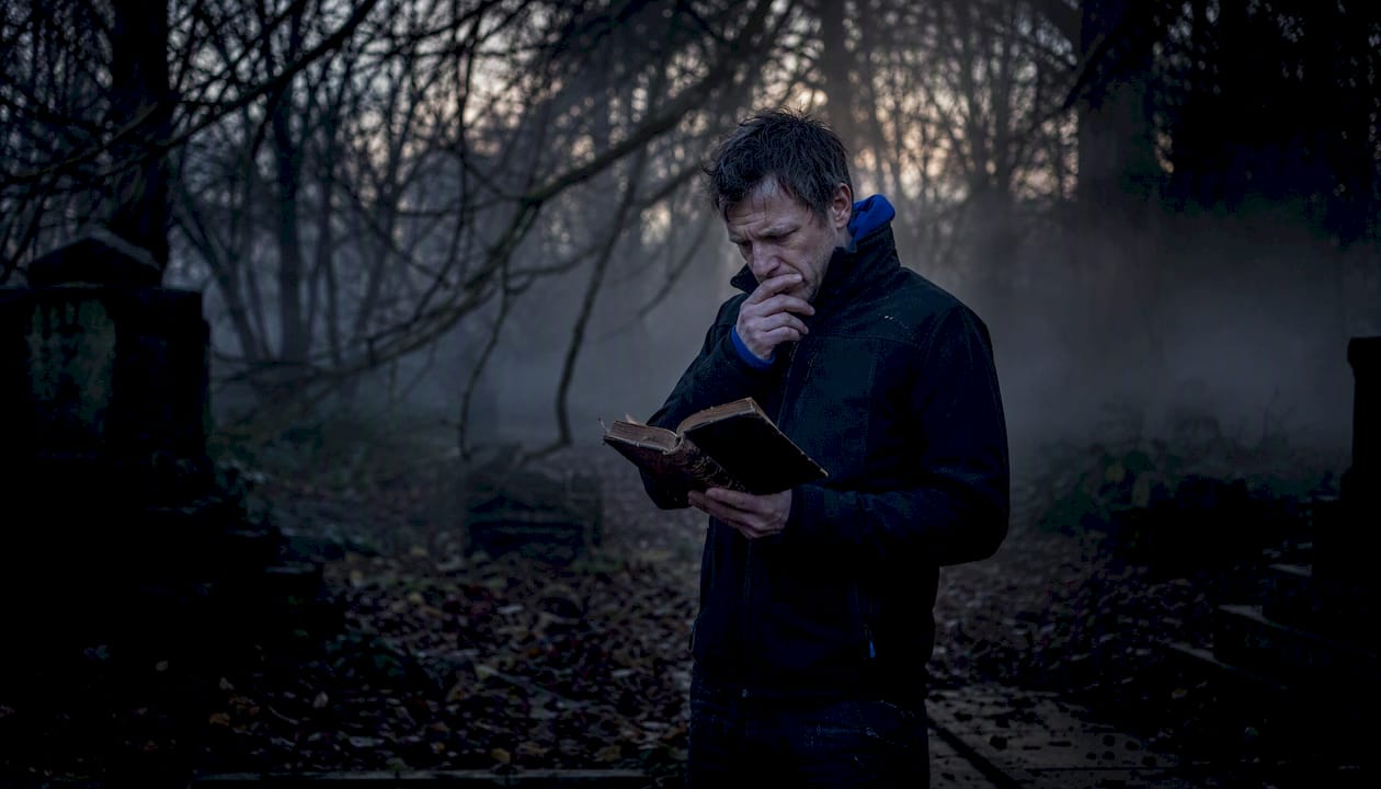 Man holding book in eerie urban night street