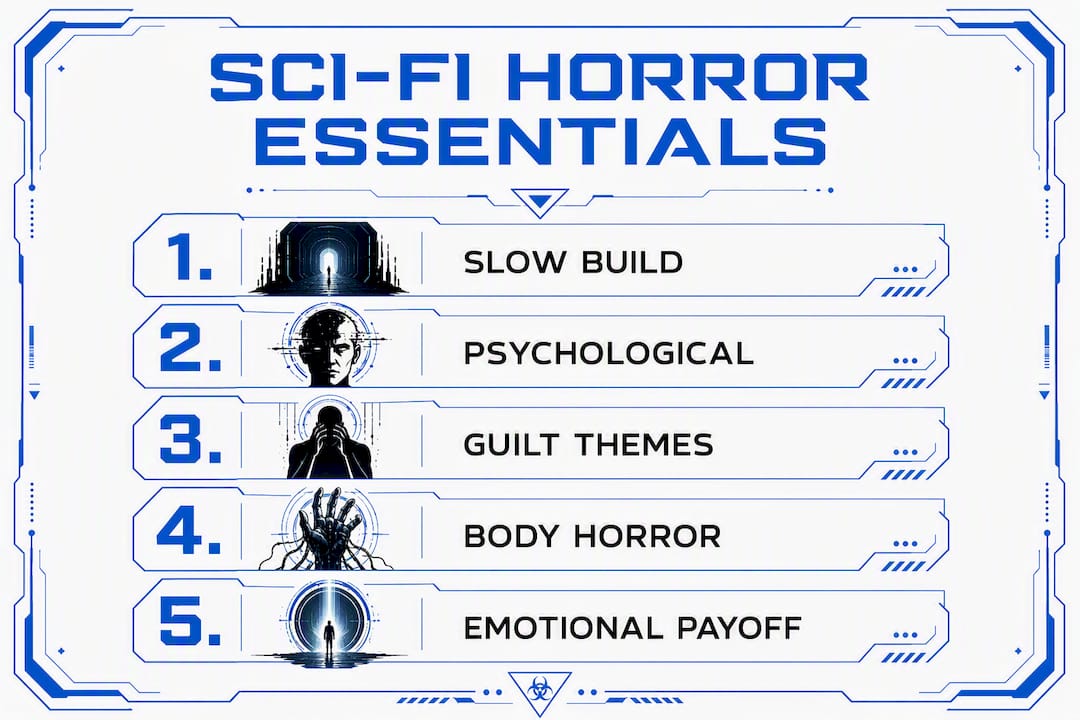 Infographic of science fiction horror key elements steps