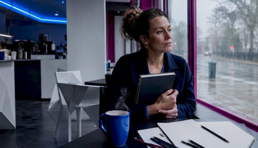 Woman reading post-apocalyptic book indoors