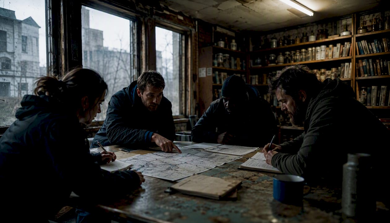 Group planning survival in small town community hall