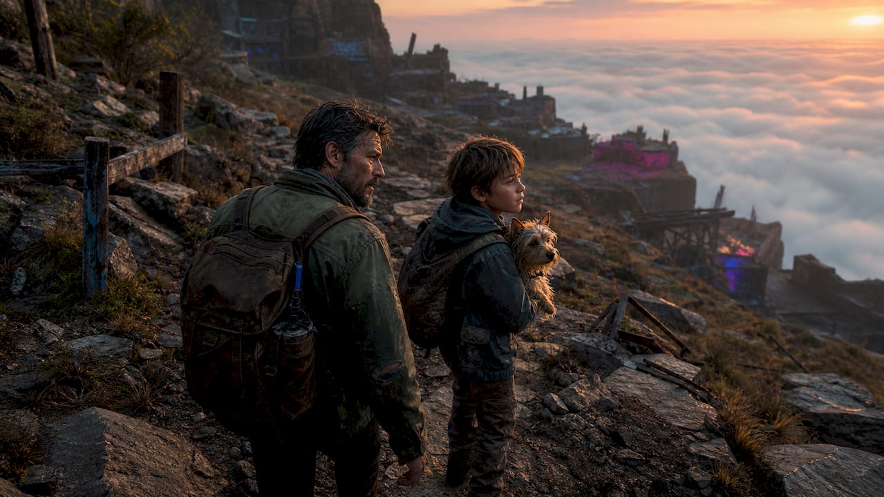 Father and son trekking through post-apocalyptic forest