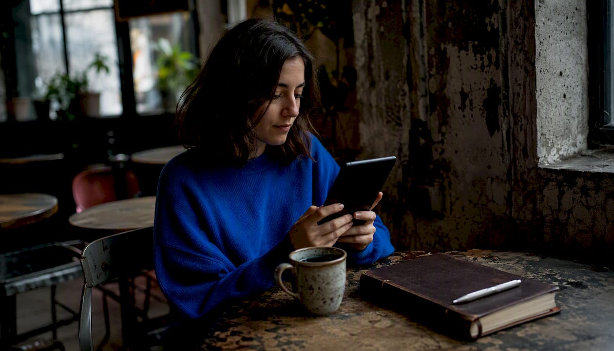 Close-up hands scrolling Kindle in coffee shop