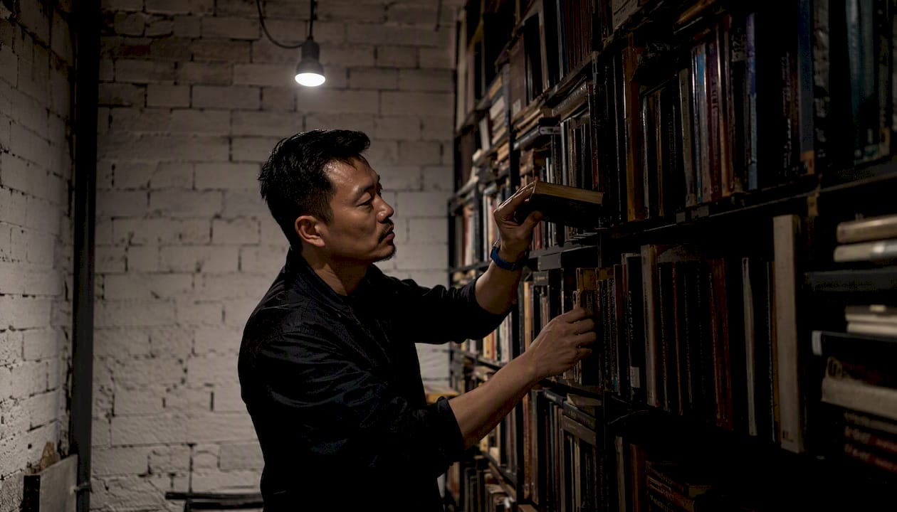 Hands selecting cult horror book from shelf