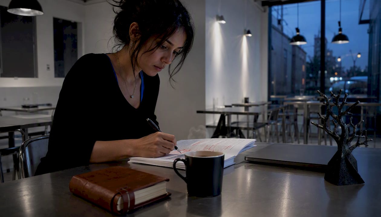 Writer editing cult horror novel manuscript