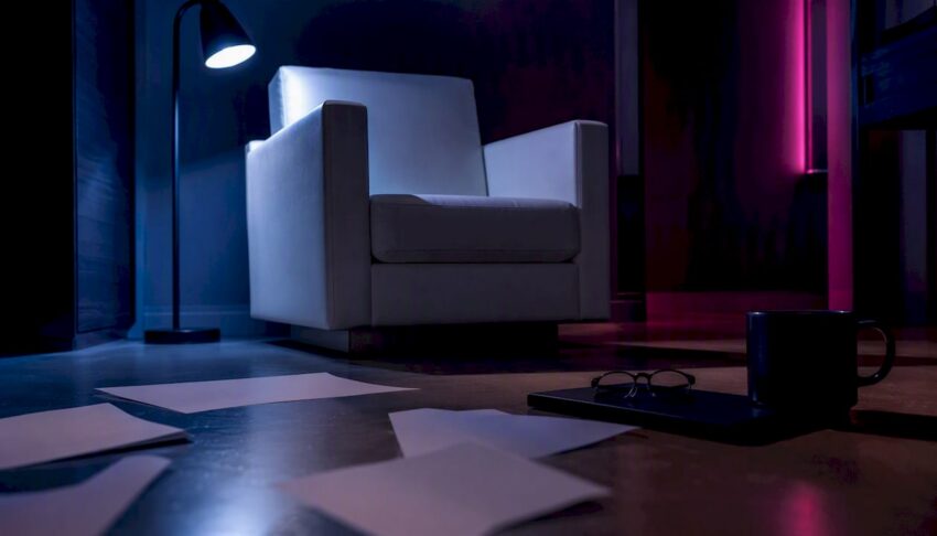 Dark dystopian themed desk with reading lamp