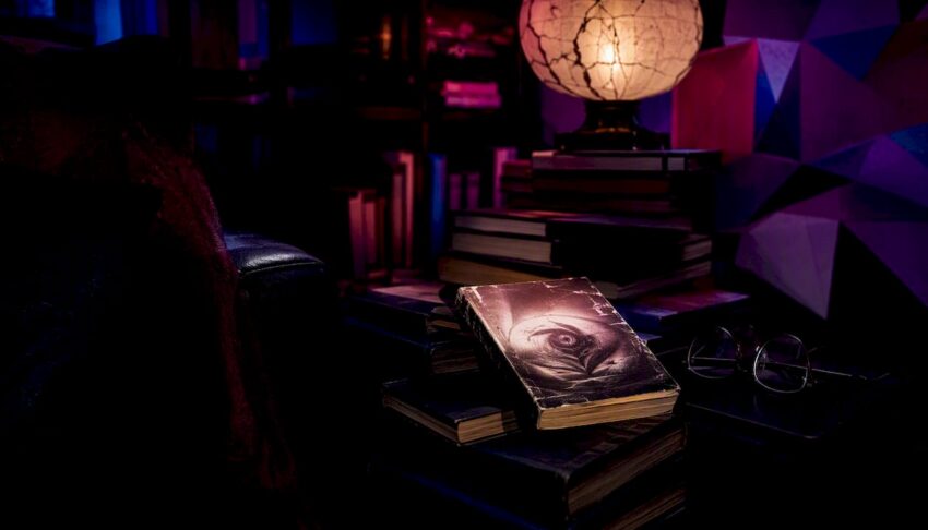 Stack of dark fiction novels in atmospheric reading nook
