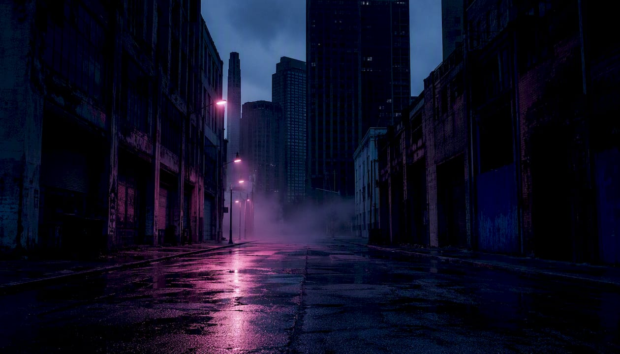 Empty dystopian city street at dawn