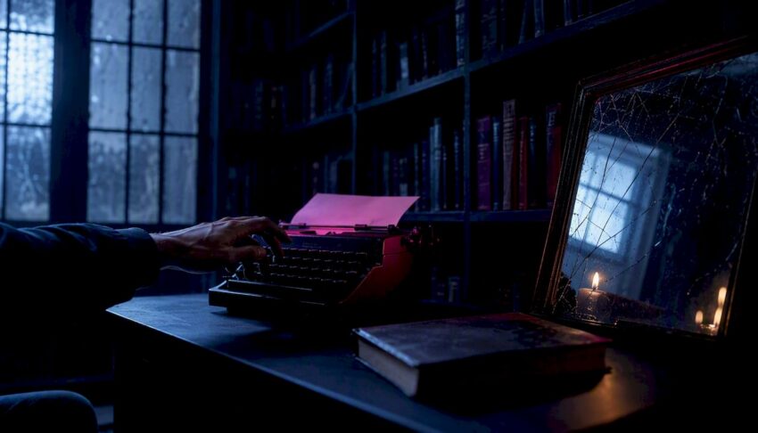 Writing desk with typewriter in moody light