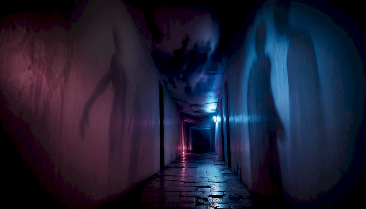 Shadowy corridor evoking suspense and dread