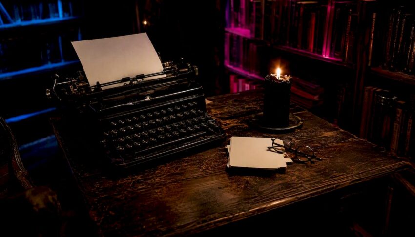 Typewriter on desk lit by candlelight