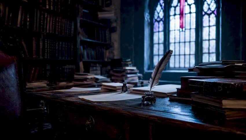 Writer's desk with pen and candlelight shadows