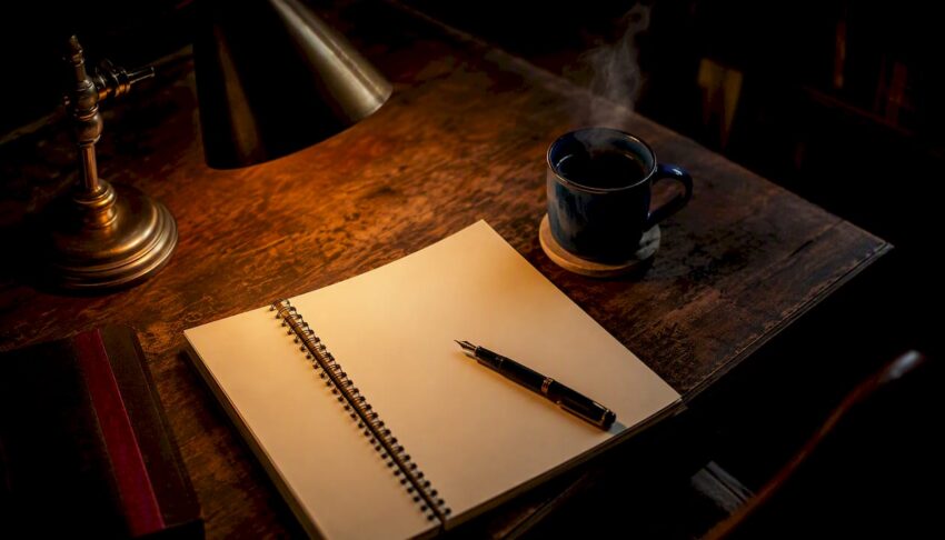 Writer's desk with pen and blank notebook