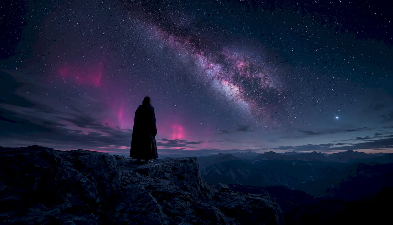 Desolate landscape under eerie starry sky